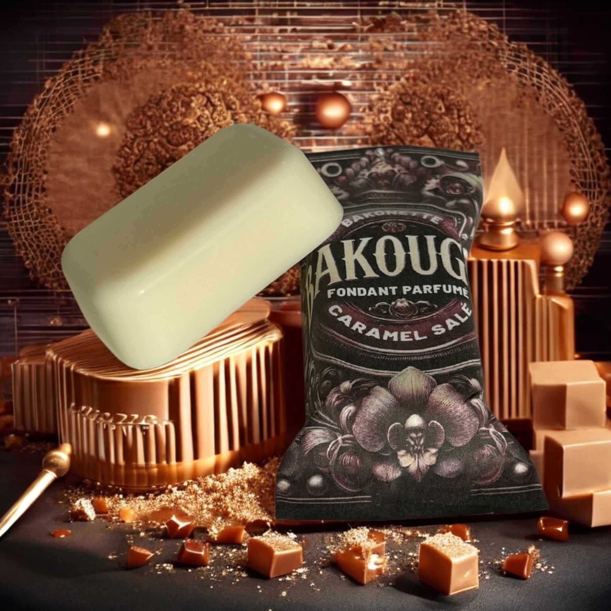 Fondant de cire parfumée caramel au beurre salé, cire végétale et parfum français. Fabriqué à la main.