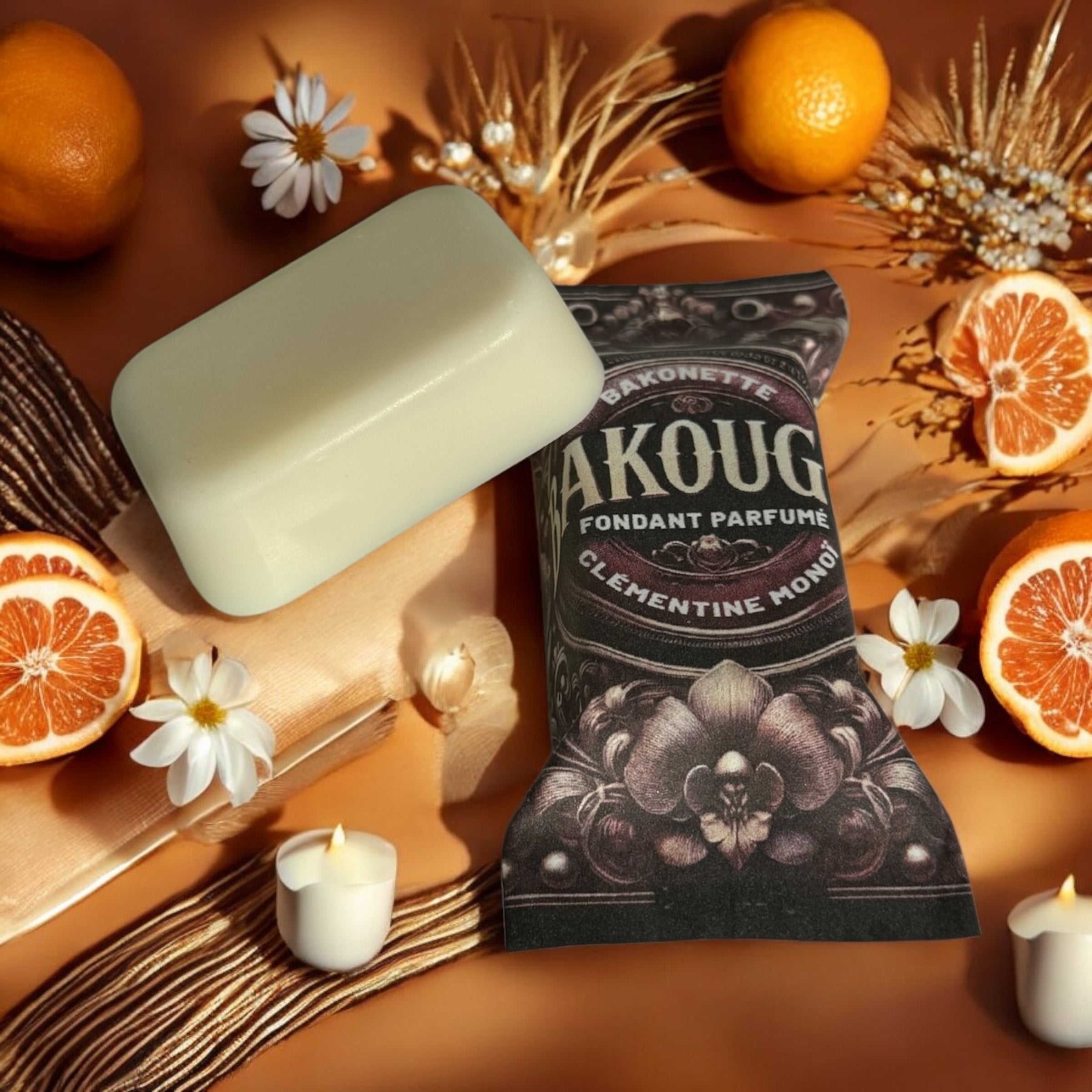 Fondant de cire parfumée clémentine monoï, cire végétale et parfum français. Fabriqué à la main.