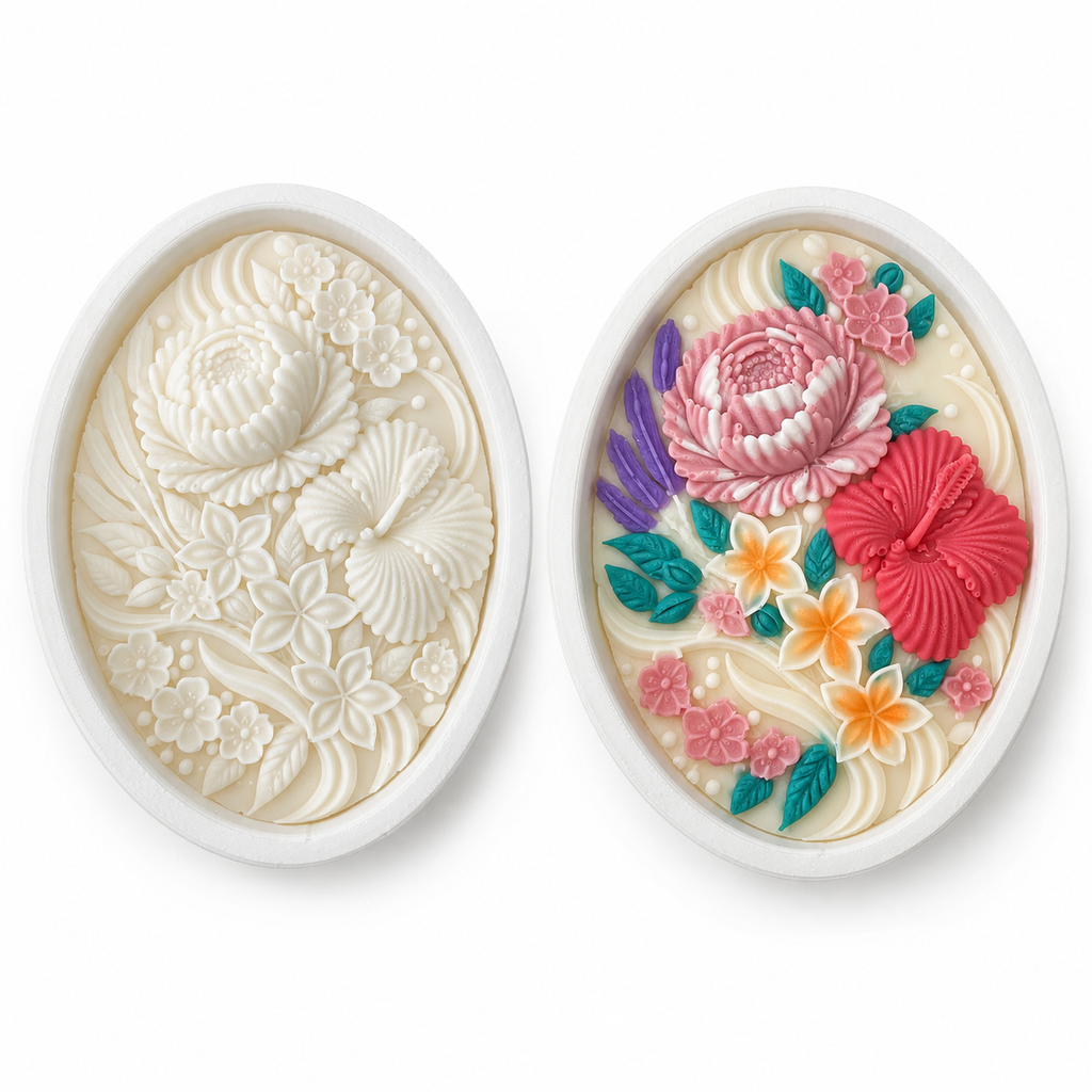 Cadre floral Flores en cire parfumée Bakougie, deux compositions ovales à motifs floraux en relief, l'une ivoire et l'autre colorée