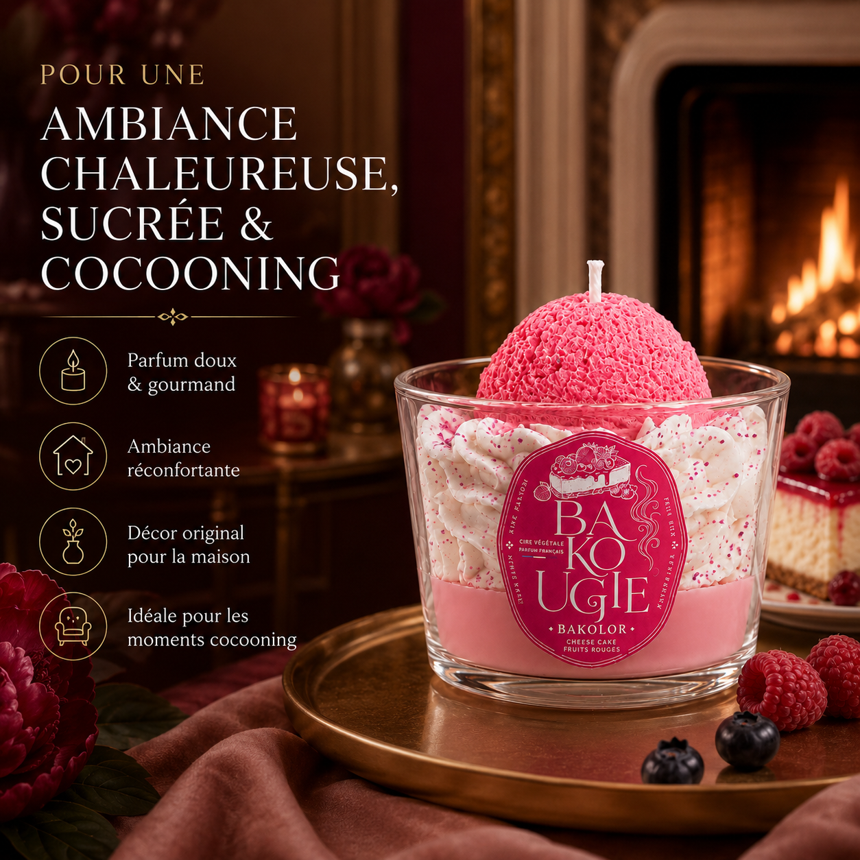 Bougie parfumée cheese cake fruits rouges « Bakolor » mise en scène dans une ambiance décorative