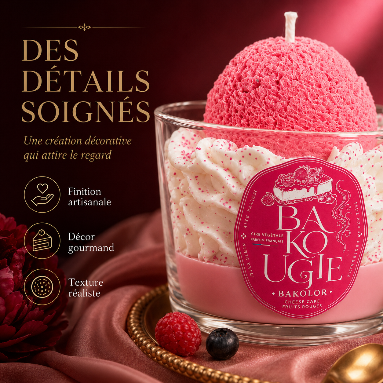Détails et finition artisanale de la bougie parfumée cheese cake fruits rouges « Bakolor »