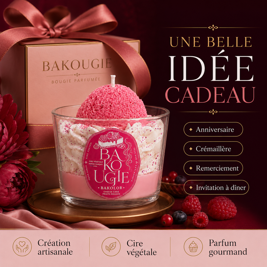 Bougie décorative « Bakolor » au parfum cheese cake fruits rouges, idée cadeau artisanale Bakougie