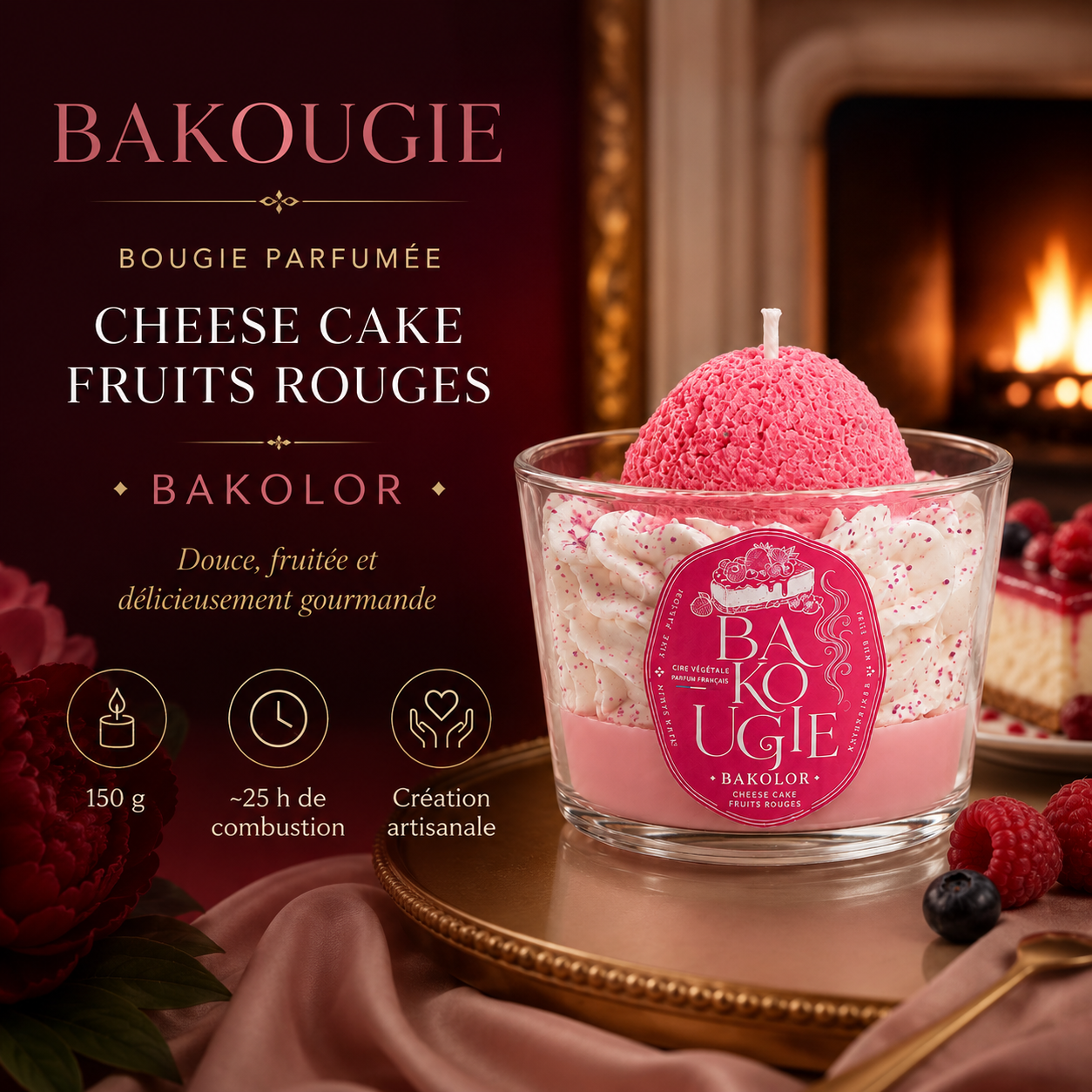 Présentation de la bougie parfumée cheese cake fruits rouges « Bakolor », fabriquée à la main en France