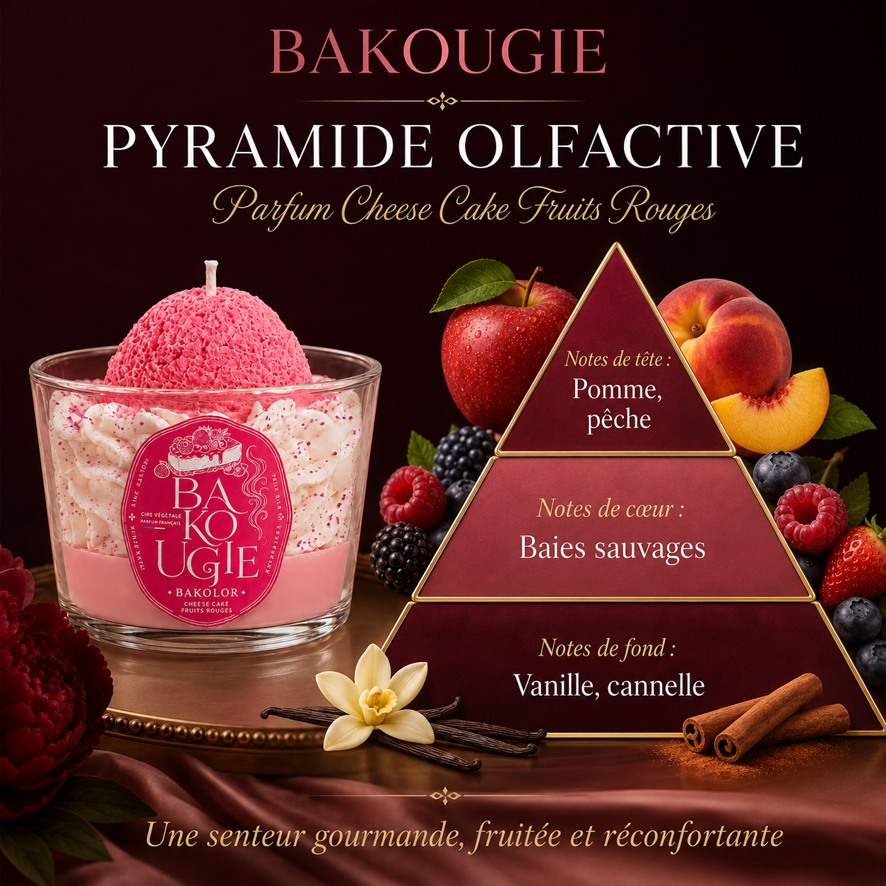 Pyramide olfactive de la bougie cheese cake fruits rouges « Bakolor » : notes de tête, de cœur et de fond