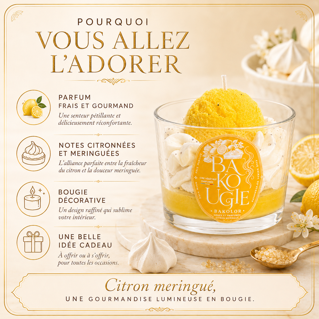 Bougie décorative « Bakolor » au parfum citron meringué, idée cadeau artisanale Bakougie
