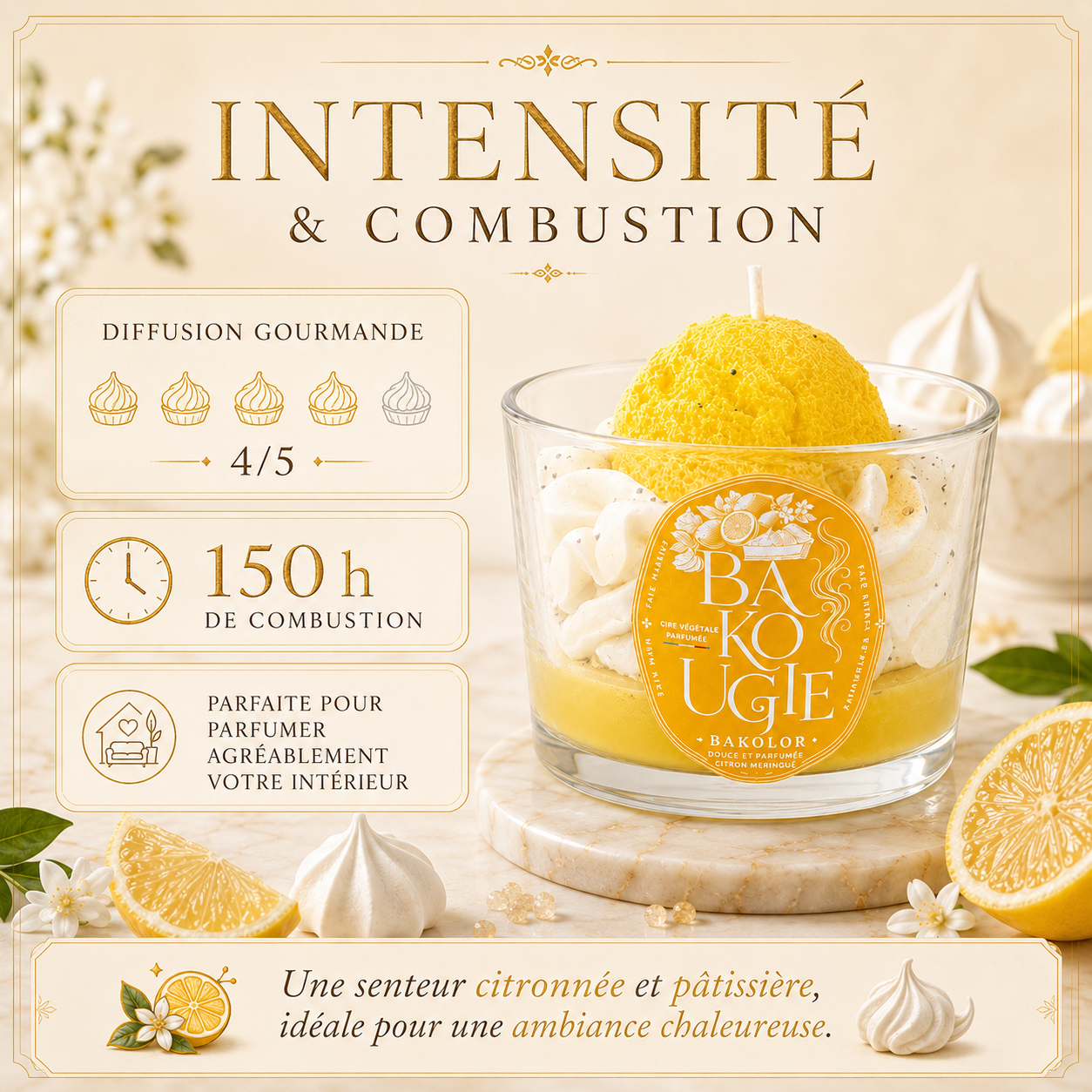 Intensité et diffusion du parfum de la bougie citron meringué « Bakolor »