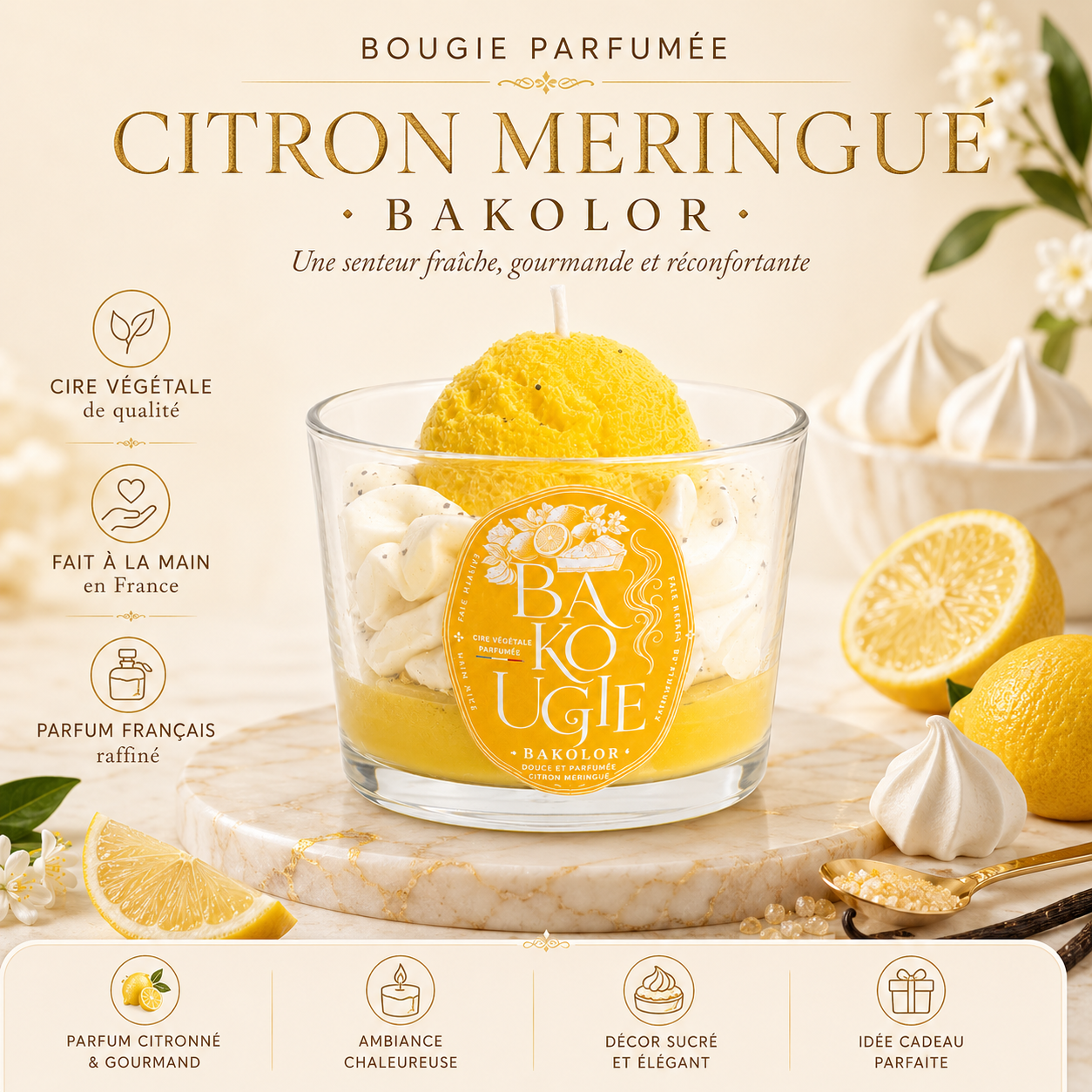 Présentation de la bougie parfumée citron meringué « Bakolor », fabriquée à la main en France