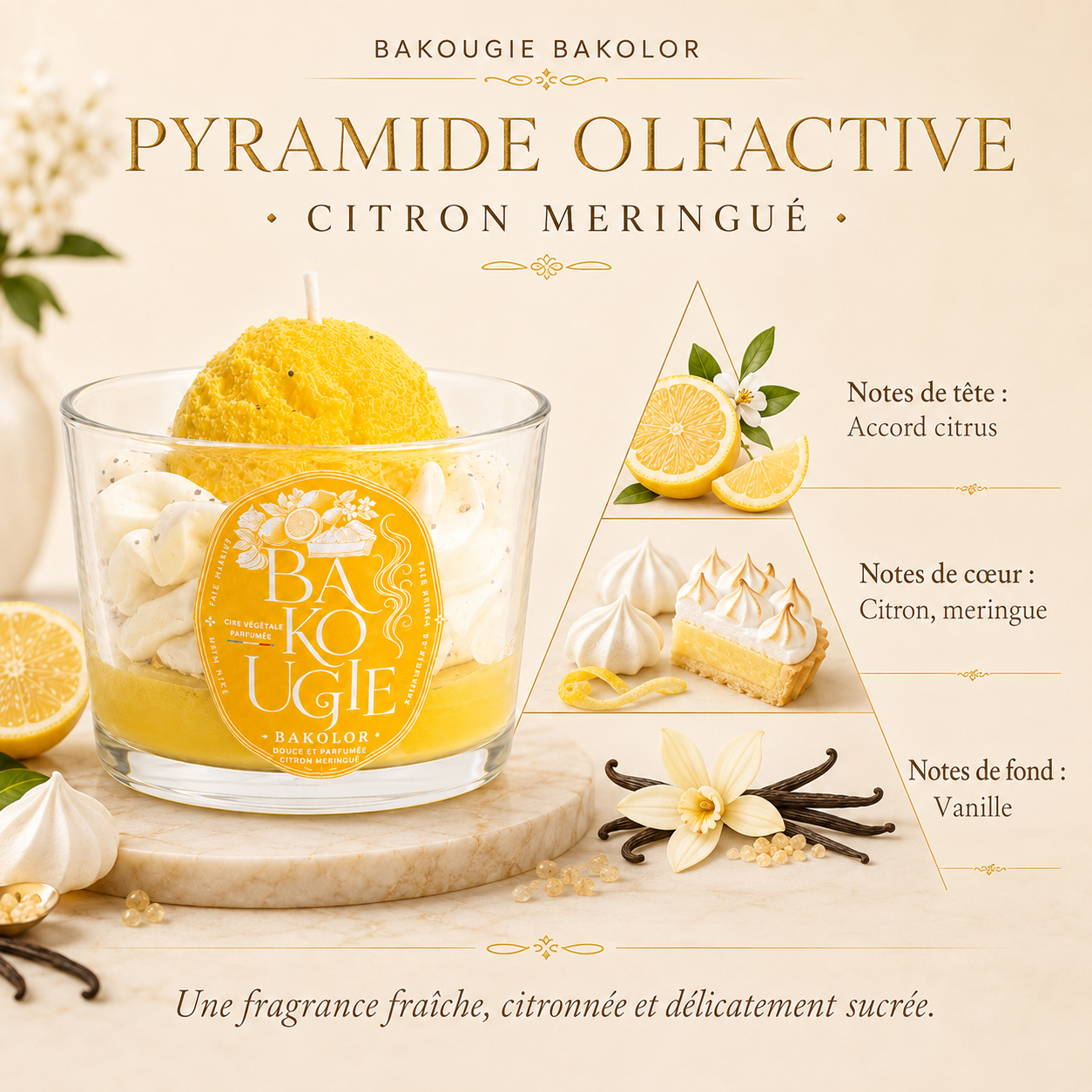 Pyramide olfactive de la bougie citron meringué « Bakolor » : notes de tête, de cœur et de fond