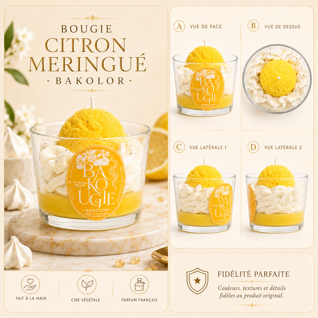 Bougie parfumée citron meringué « Bakolor » vue de face, de dessus et de côté