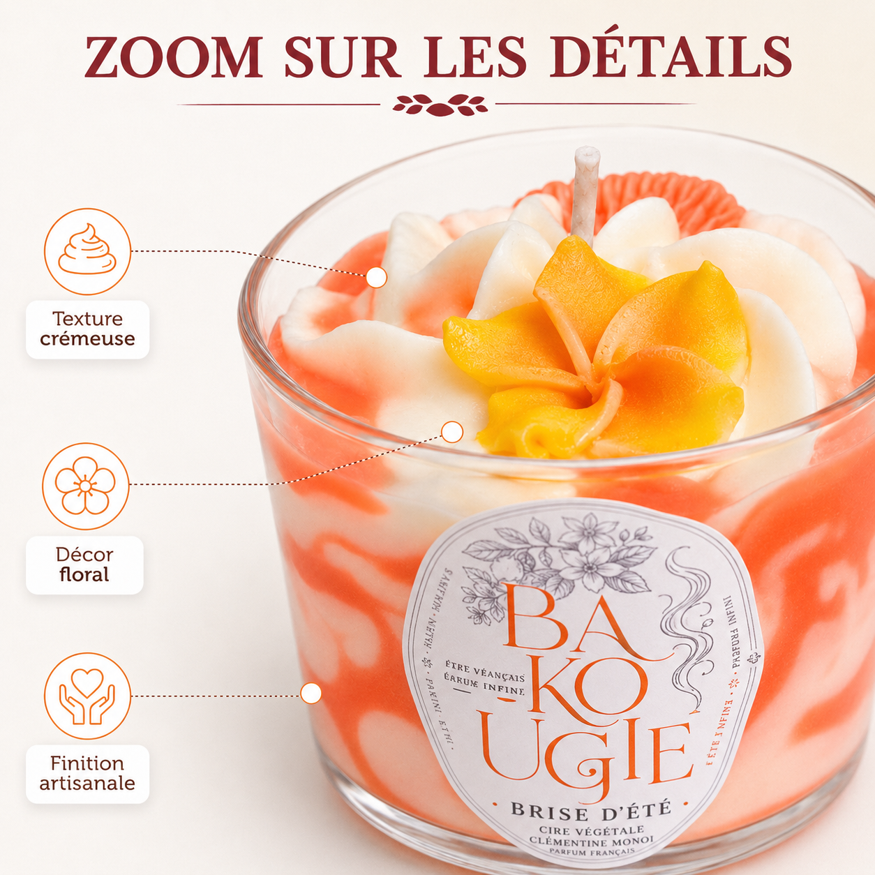 Détails et finition artisanale de la bougie parfumée clémentine monoï « Brise d'été »