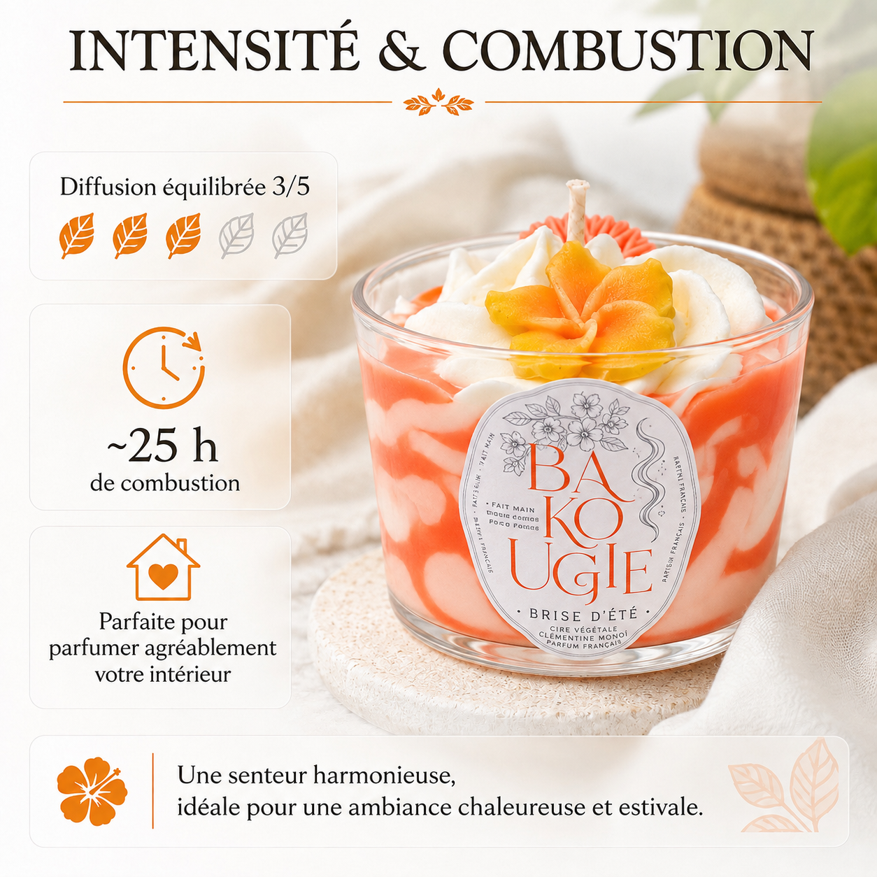 Intensité et diffusion du parfum de la bougie clémentine monoï « Brise d'été »