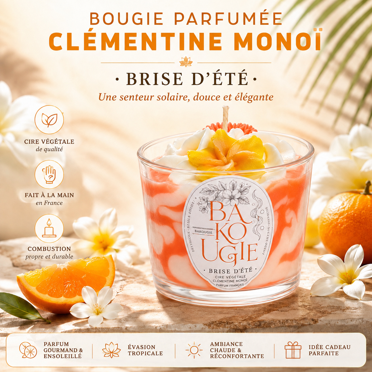 Présentation de la bougie parfumée clémentine monoï « Brise d'été », fabriquée à la main en France