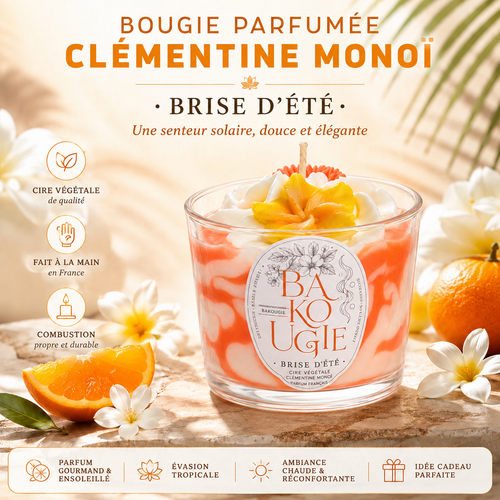 Présentation de la bougie parfumée clémentine monoï « Brise d'été », fabriquée à la main en France