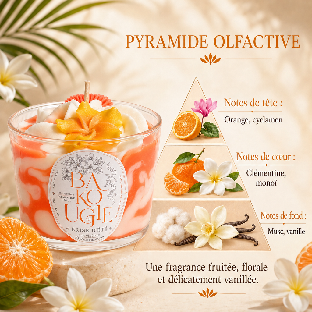 Pyramide olfactive de la bougie clémentine monoï « Brise d'été » : notes de tête, de cœur et de fond