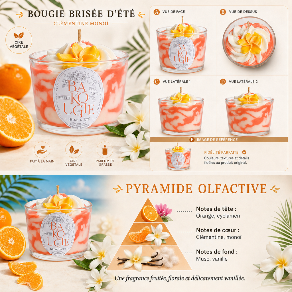 Bougie parfumée clémentine monoï « Brise d'été » vue de face, de dessus et de côté