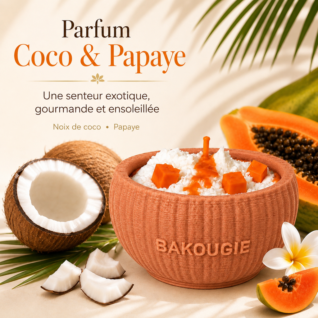 Bougie parfumée coco & papaye « Coco loco » mise en scène dans une ambiance décorative