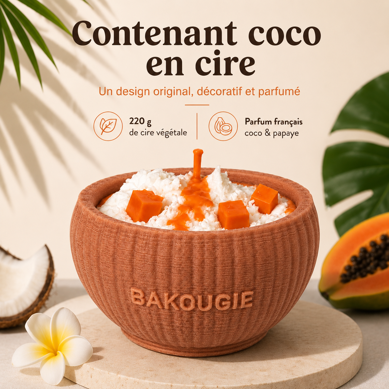 Caractéristiques de la bougie parfumée coco & papaye « Coco loco » en cire végétale