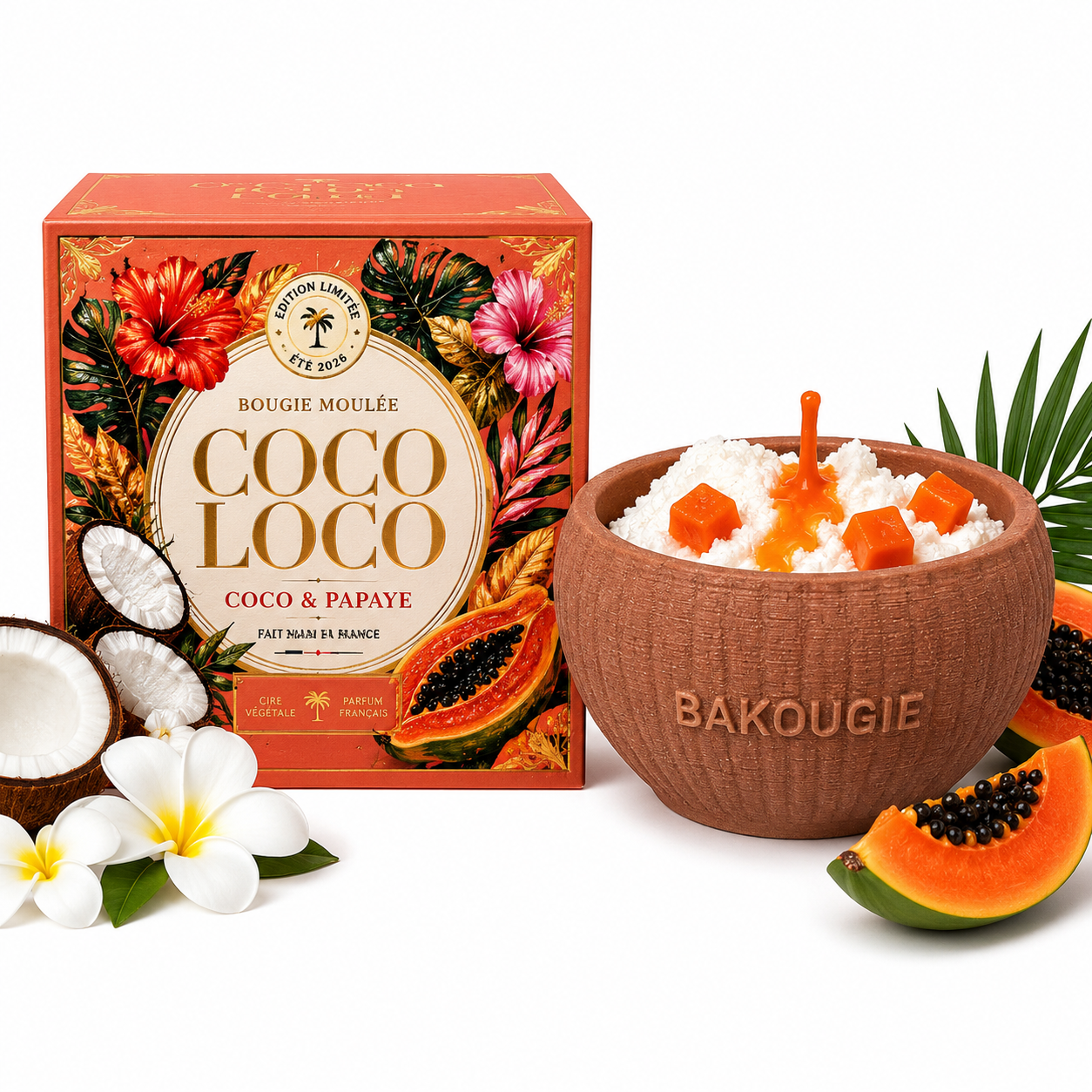 Bougie parfumée coco & papaye « Coco loco » avec son emballage cadeau Bakougie