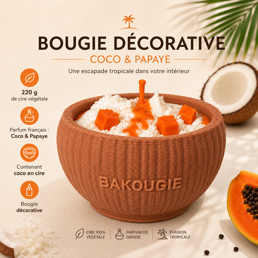 Présentation de la bougie parfumée coco & papaye « Coco loco », fabriquée à la main en France