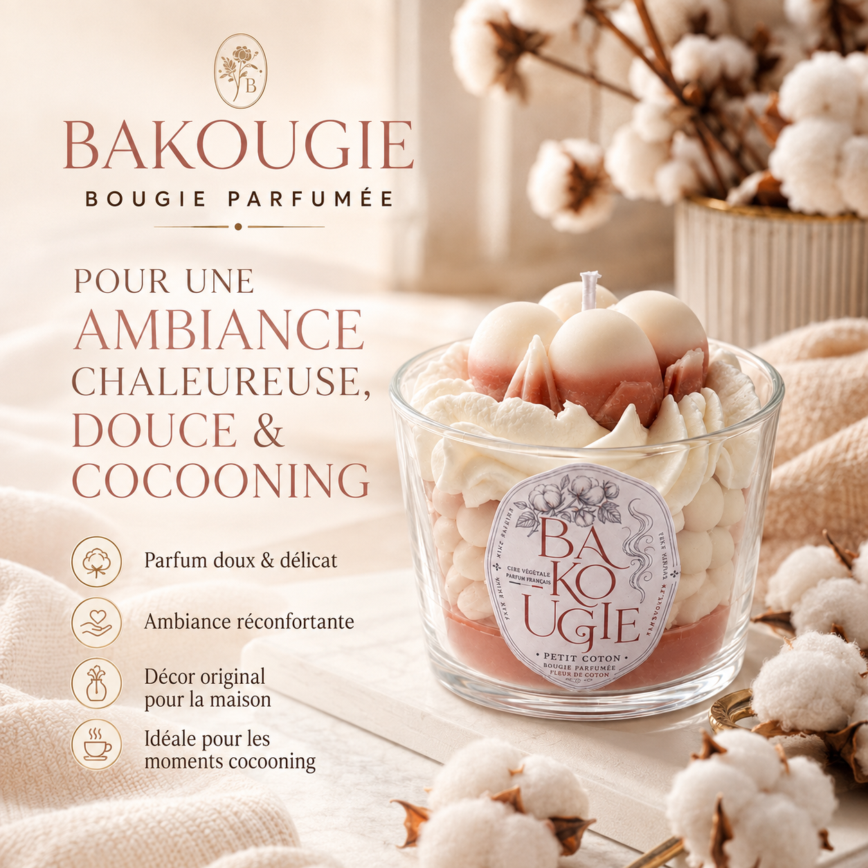 Bougie parfumée fleur de coton « Petit coton » mise en scène dans une ambiance décorative