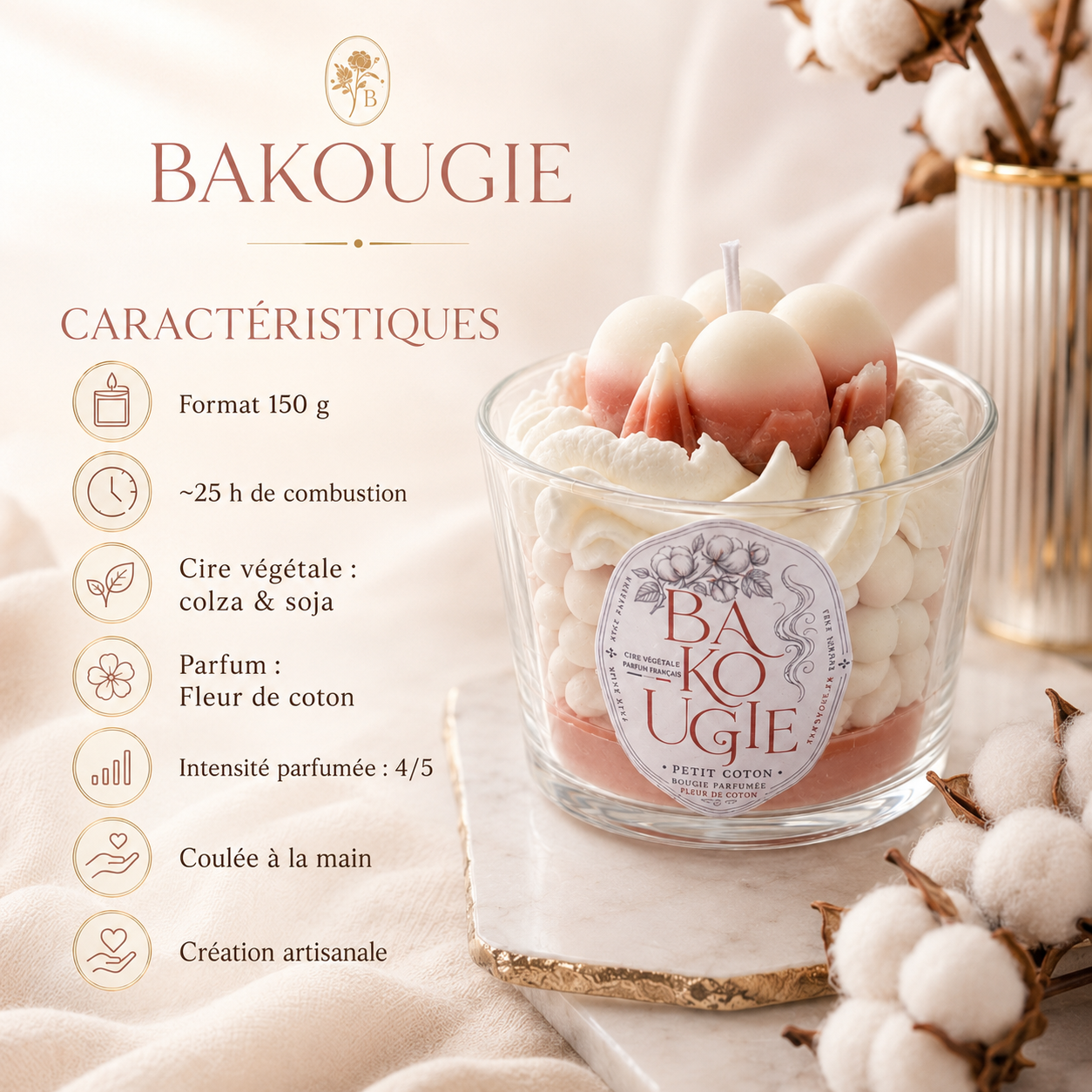 Caractéristiques de la bougie parfumée fleur de coton « Petit coton » en cire végétale