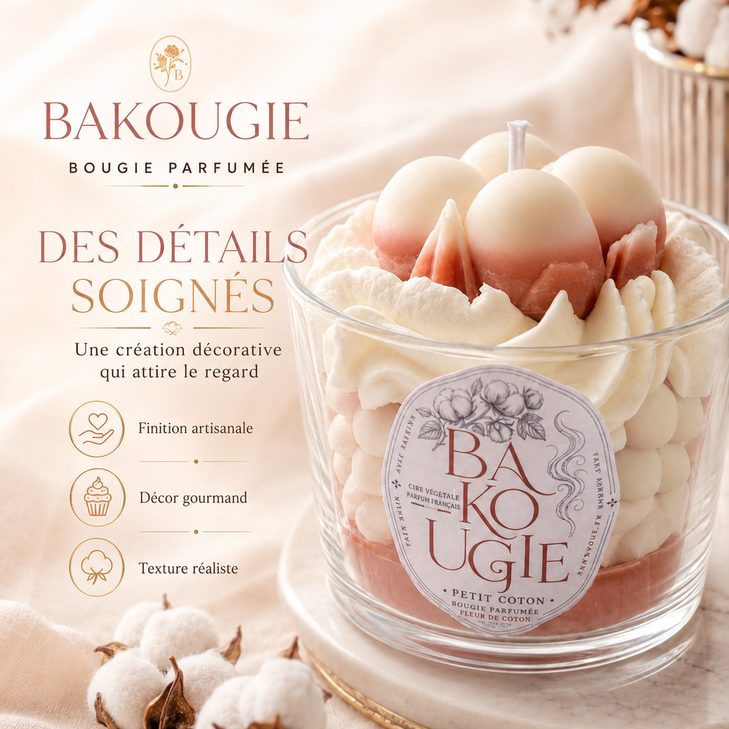 Détails et finition artisanale de la bougie parfumée fleur de coton « Petit coton »
