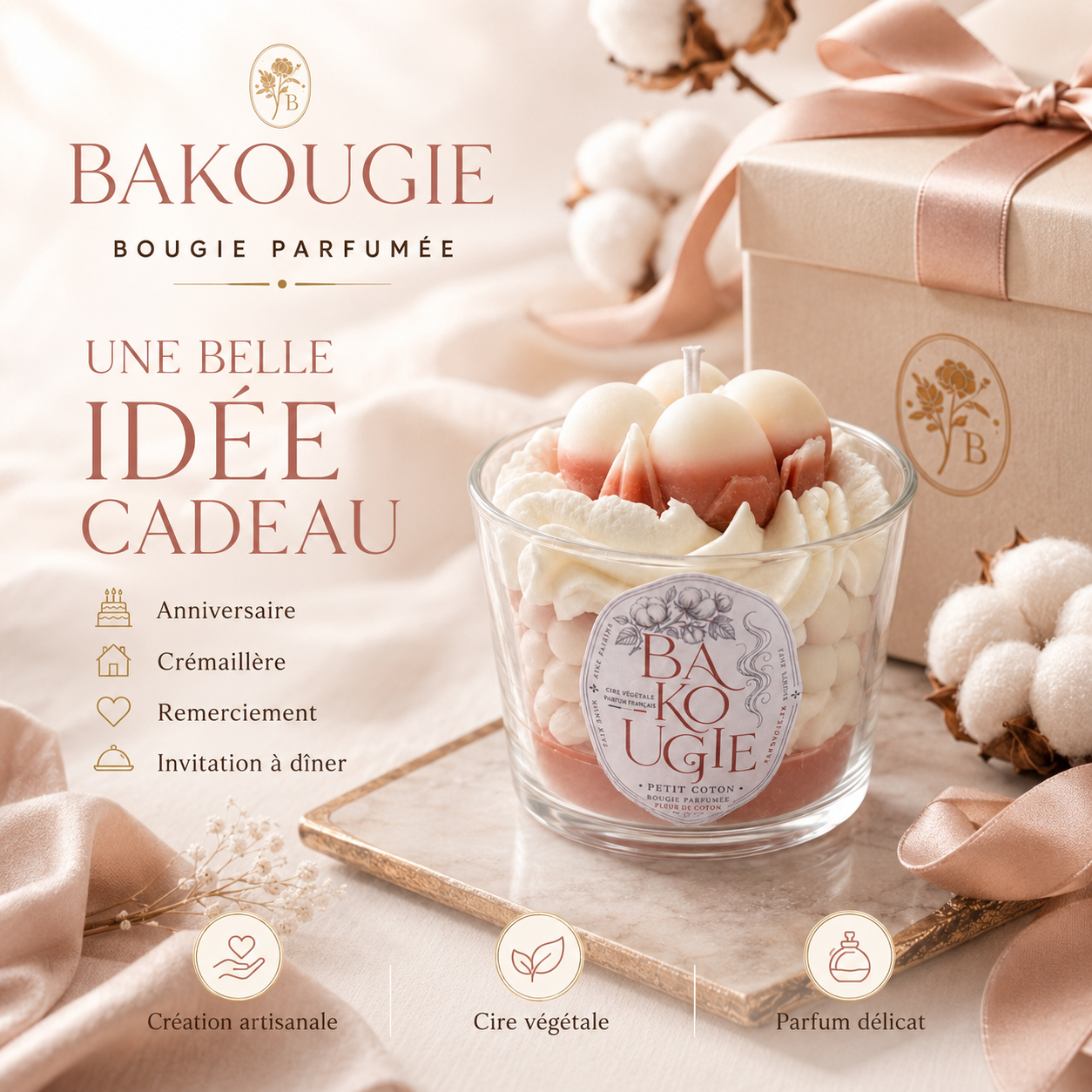Bougie décorative « Petit coton » au parfum fleur de coton, idée cadeau artisanale Bakougie