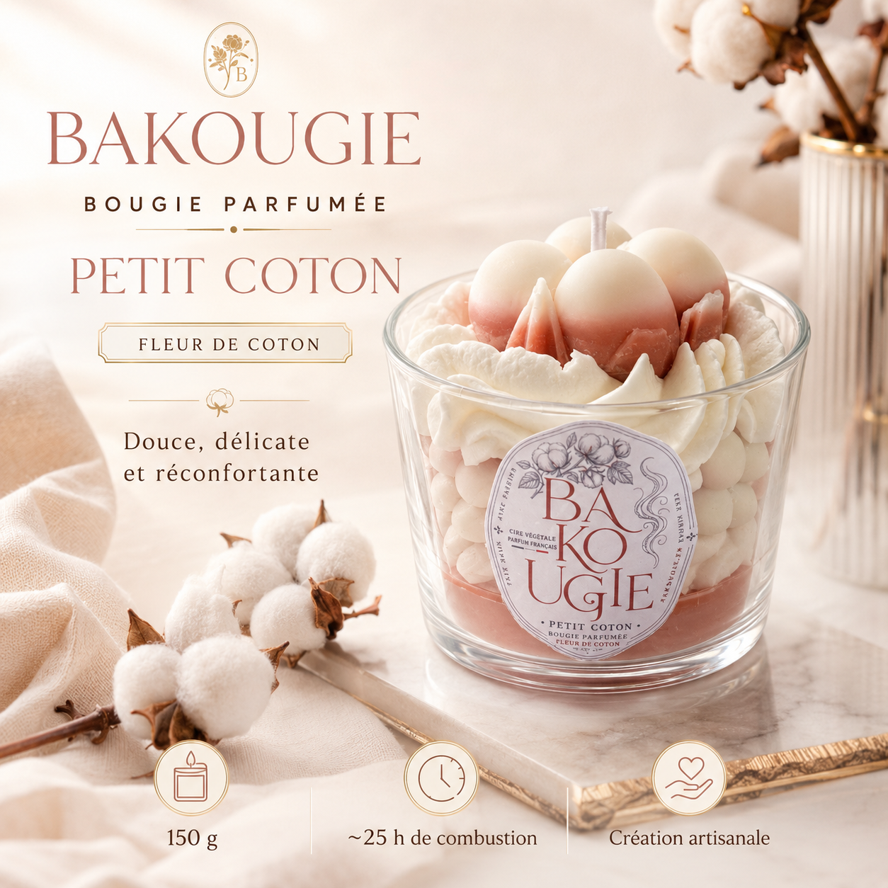 Présentation de la bougie parfumée fleur de coton « Petit coton », fabriquée à la main en France
