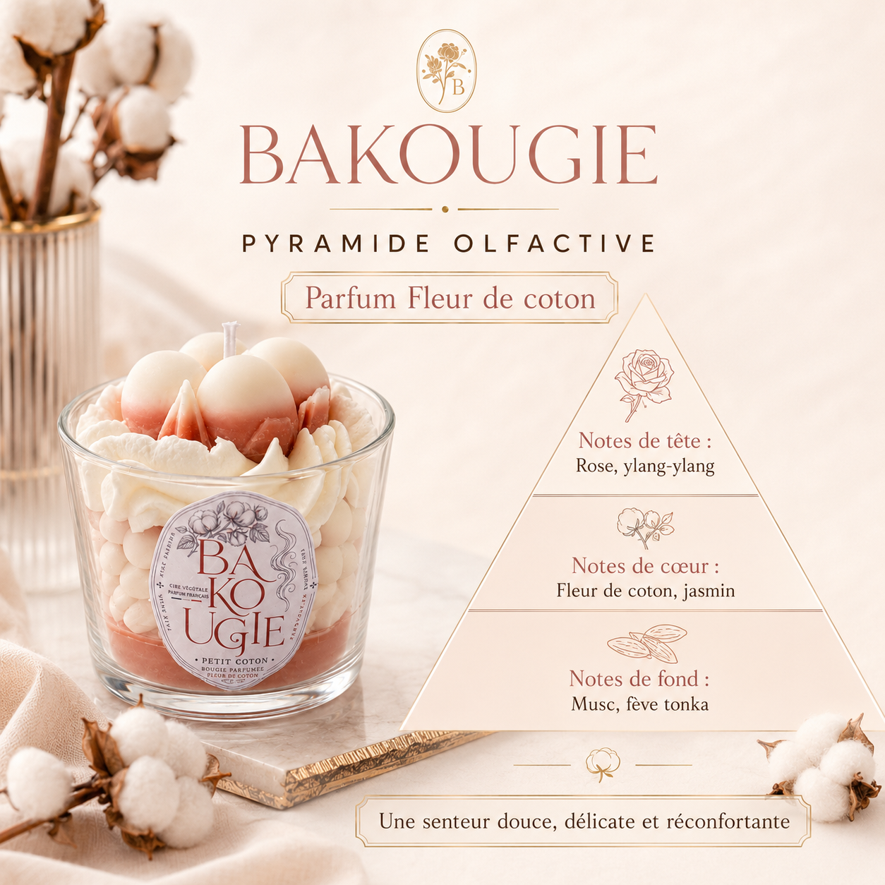 Pyramide olfactive de la bougie fleur de coton « Petit coton » : notes de tête, de cœur et de fond