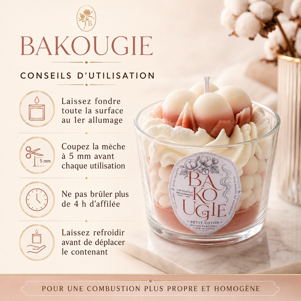 Conseils d'utilisation et d'entretien pour la bougie parfumée fleur de coton « Petit coton »