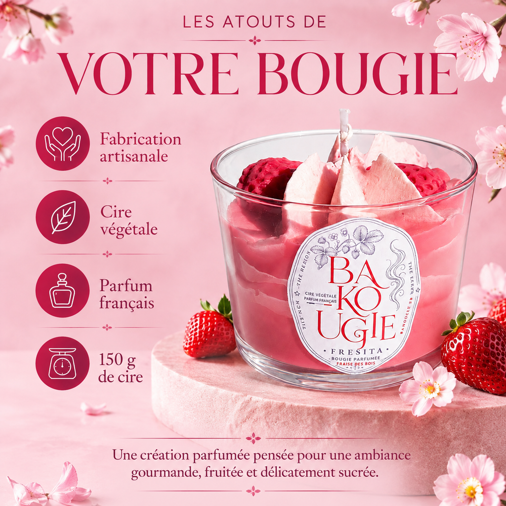 Atouts de la bougie parfumée fraise des bois « Fresita » : cire végétale et fabrication artisanale