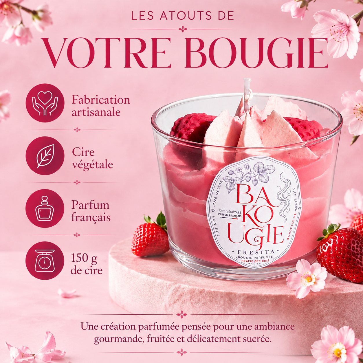 Atouts de la bougie parfumée fraise des bois « Fresita » : cire végétale et fabrication artisanale