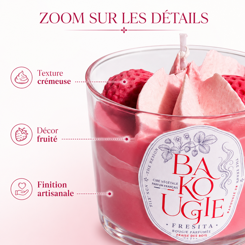 Détails et finition artisanale de la bougie parfumée fraise des bois « Fresita »