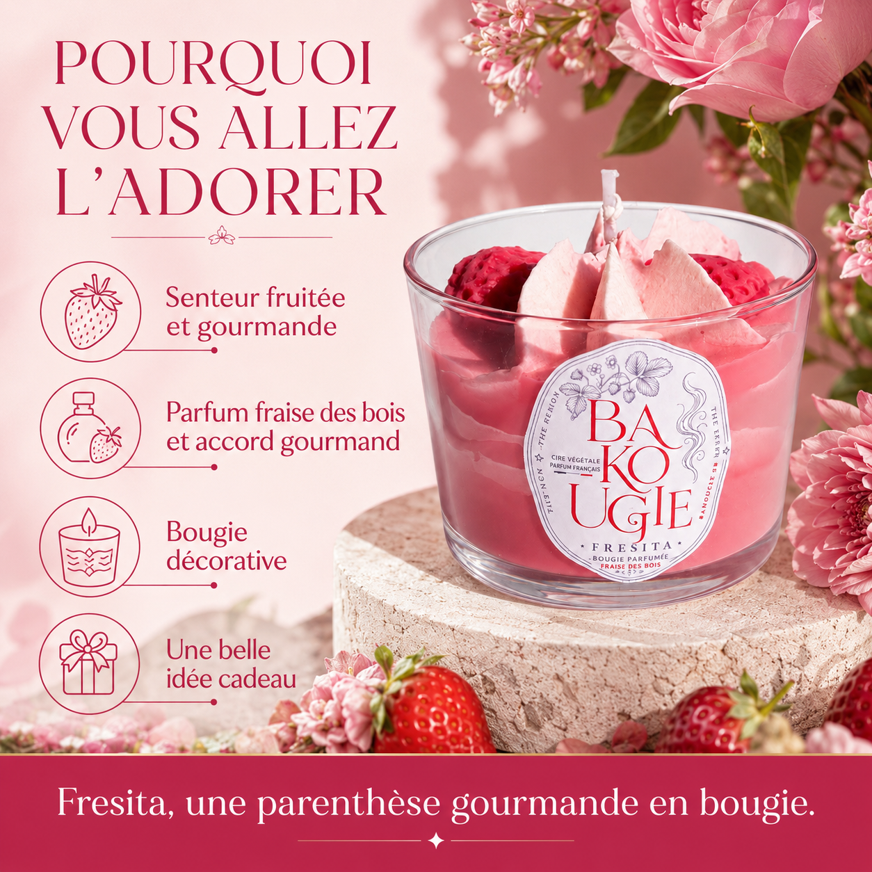 Bougie décorative « Fresita » au parfum fraise des bois, idée cadeau artisanale Bakougie