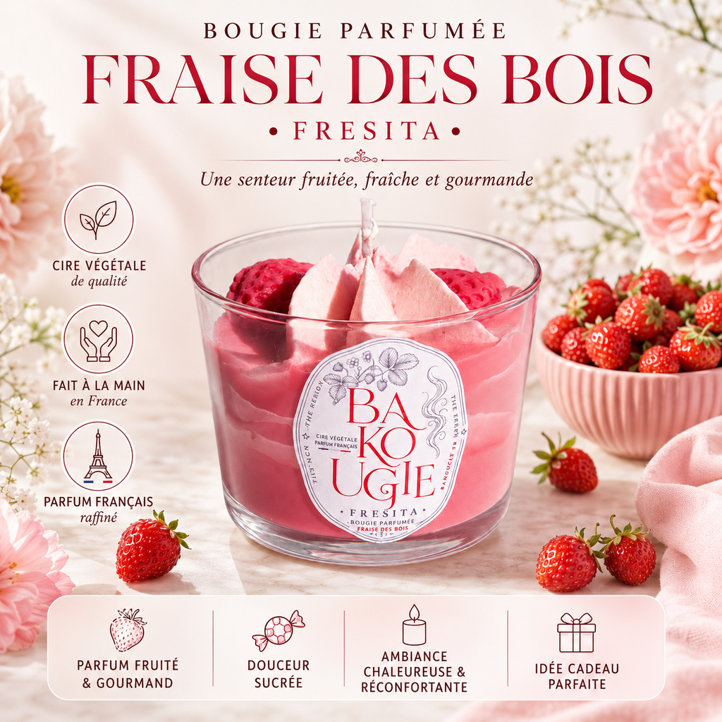 Présentation de la bougie parfumée fraise des bois « Fresita », fabriquée à la main en France