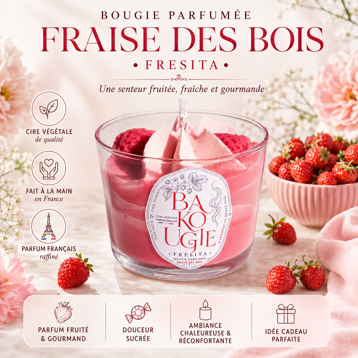 Présentation de la bougie parfumée fraise des bois « Fresita », fabriquée à la main en France