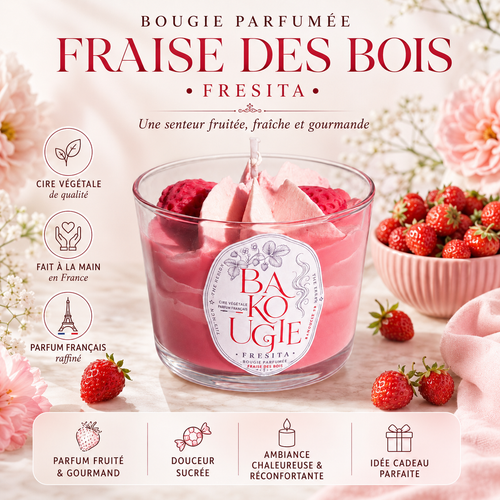 Présentation de la bougie parfumée fraise des bois « Fresita », fabriquée à la main en France