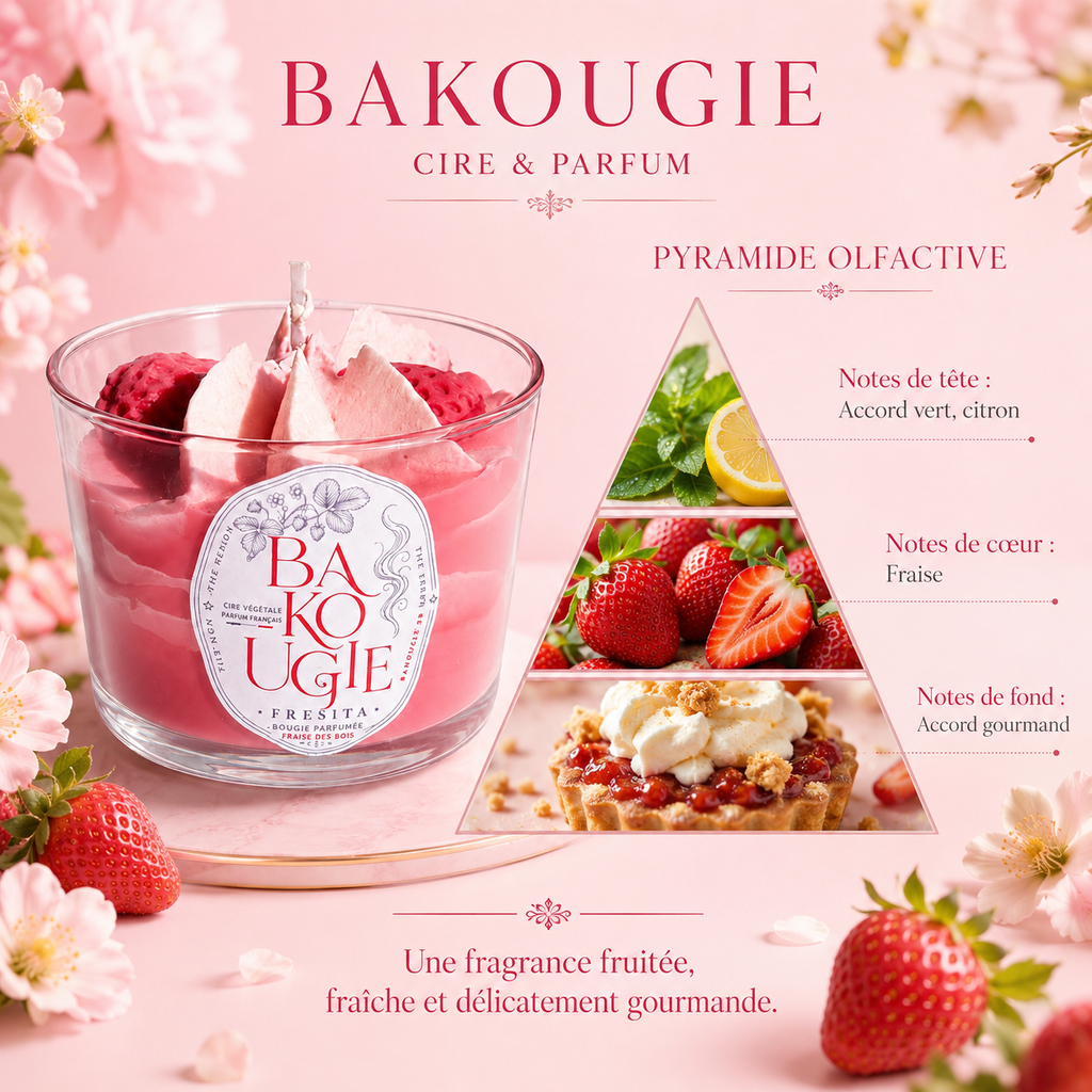 Pyramide olfactive de la bougie fraise des bois « Fresita » : notes de tête, de cœur et de fond