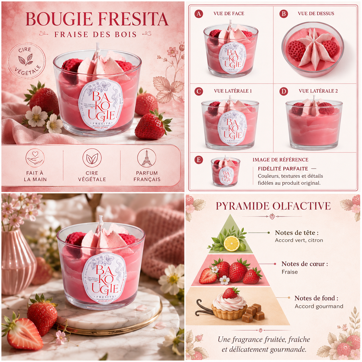 Bougie parfumée fraise des bois « Fresita » vue de face, de dessus et de côté