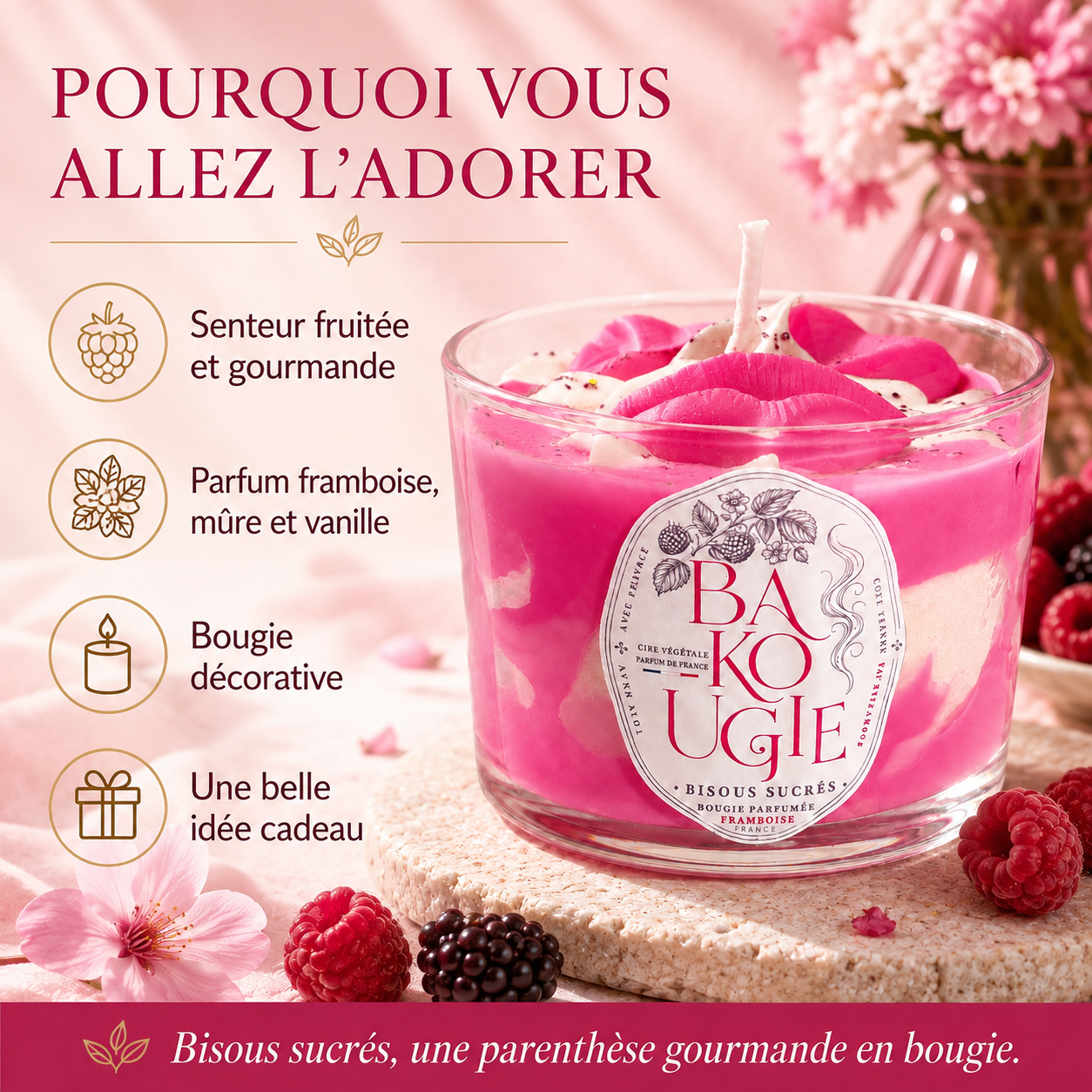 Bougie décorative « Bisous sucrés » au parfum Framboise, idée cadeau artisanale Bakougie