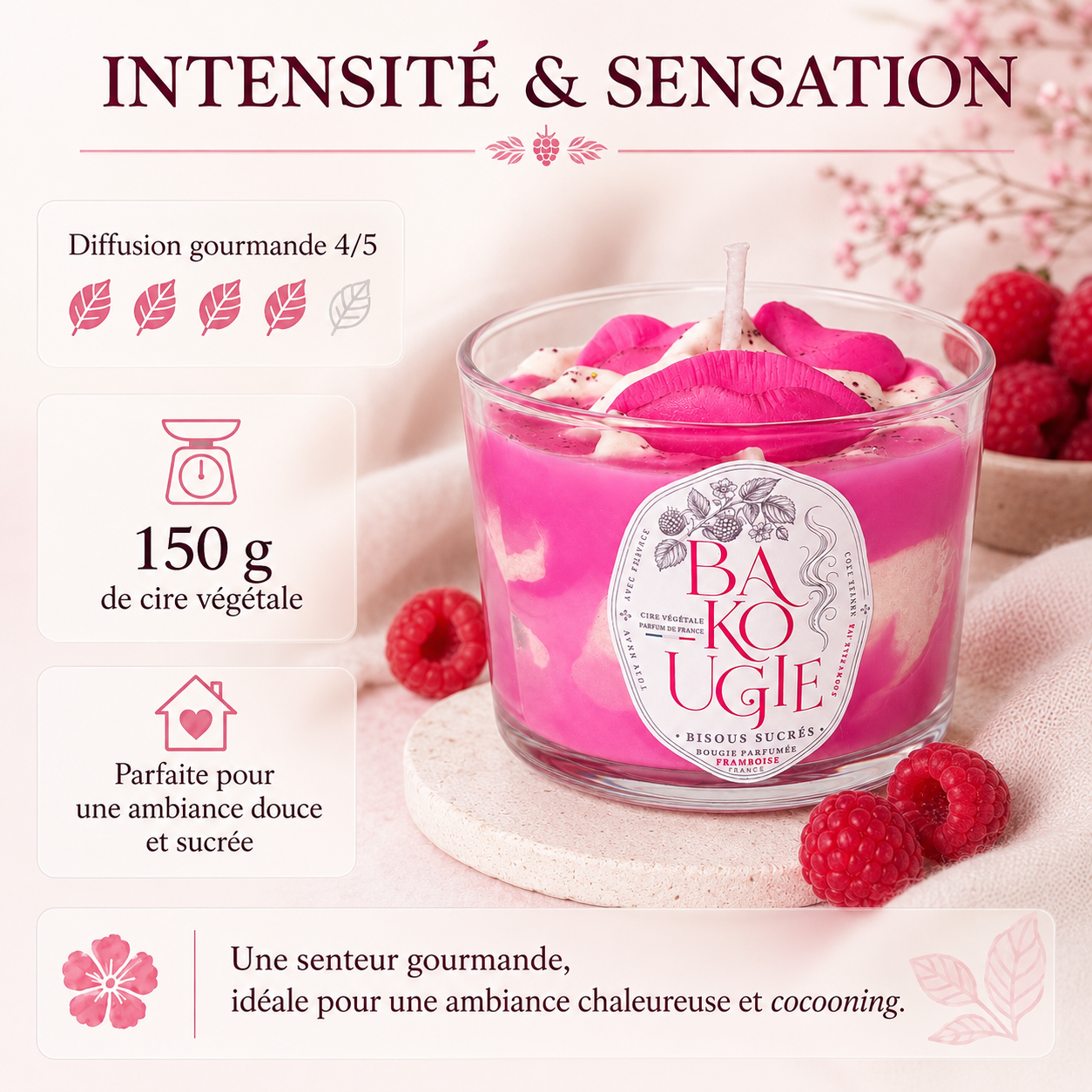 Intensité et diffusion du parfum de la bougie Framboise « Bisous sucrés »
