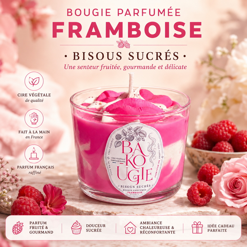 Présentation de la bougie parfumée Framboise « Bisous sucrés », fabriquée à la main en France