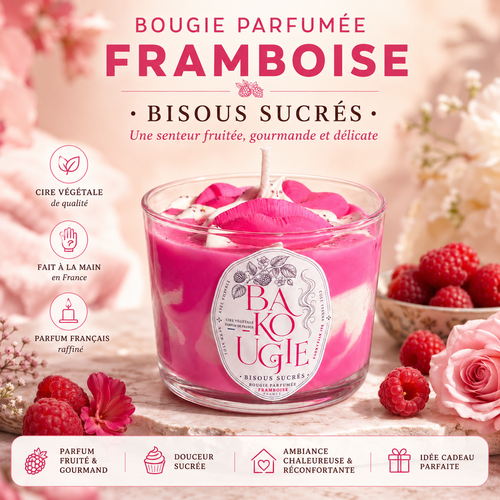 Présentation de la bougie parfumée Framboise « Bisous sucrés », fabriquée à la main en France