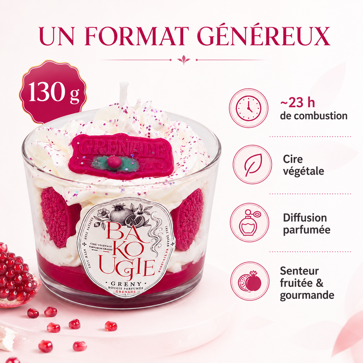 Caractéristiques de la bougie parfumée grenade « Greny » en cire végétale