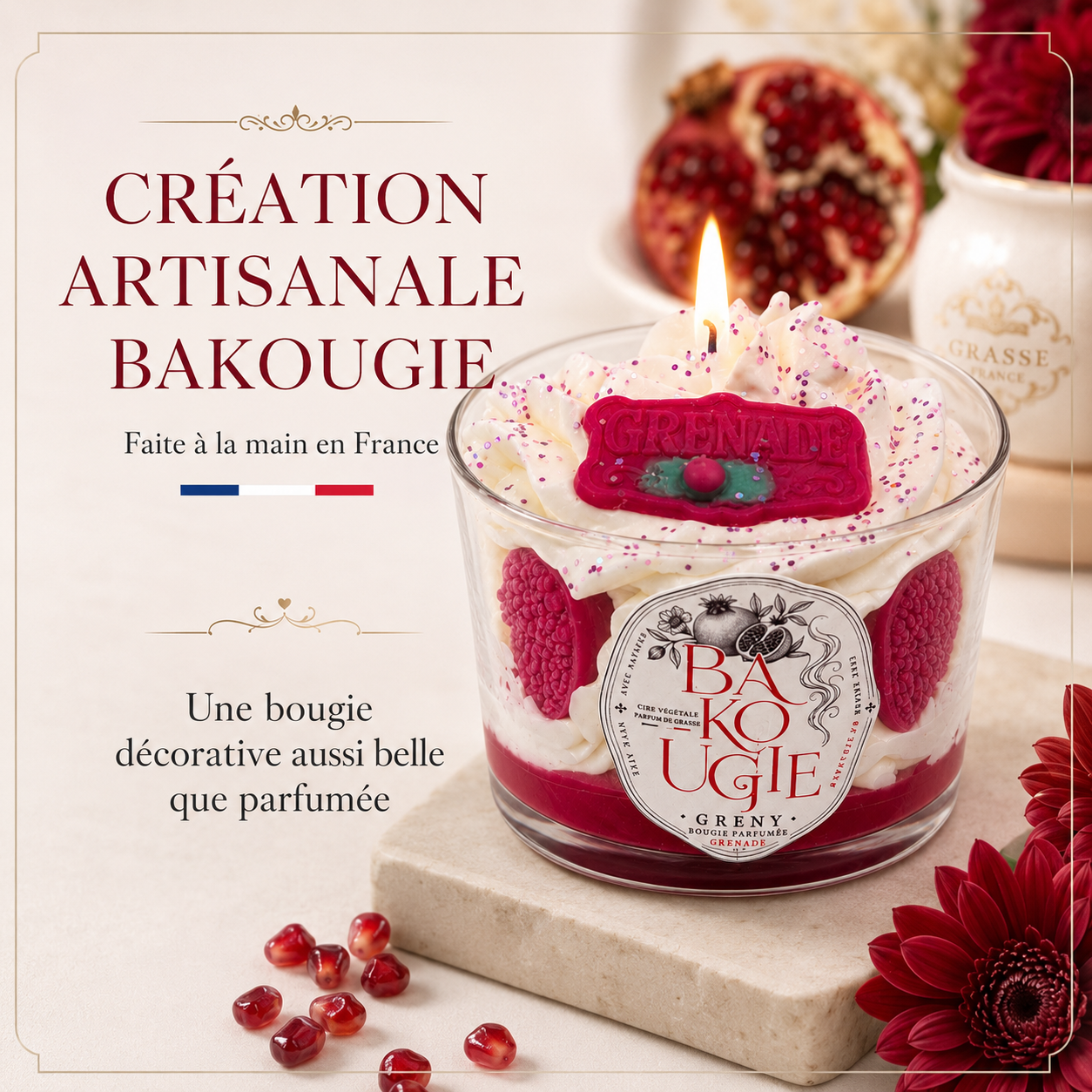 Fabrication artisanale en France de la bougie parfumée grenade « Greny » en cire végétale