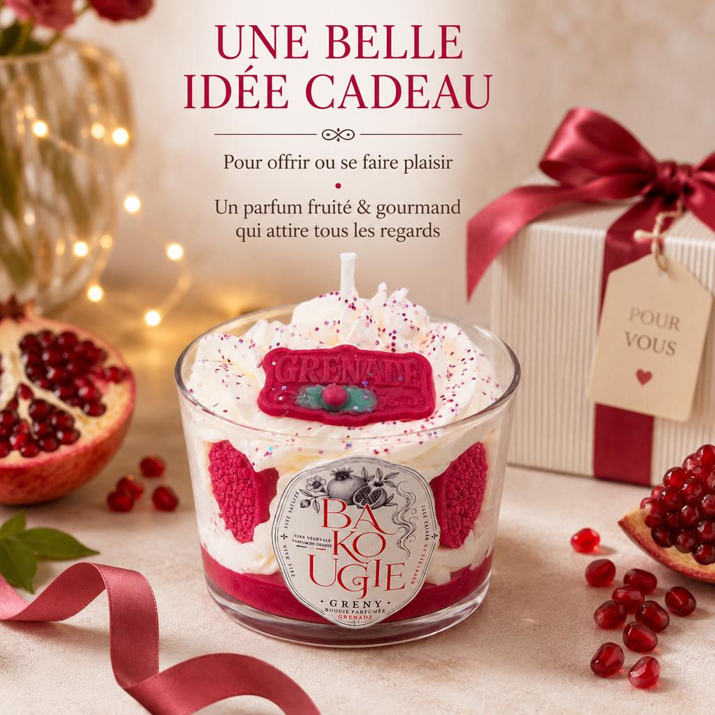 Bougie décorative « Greny » au parfum grenade, idée cadeau artisanale Bakougie