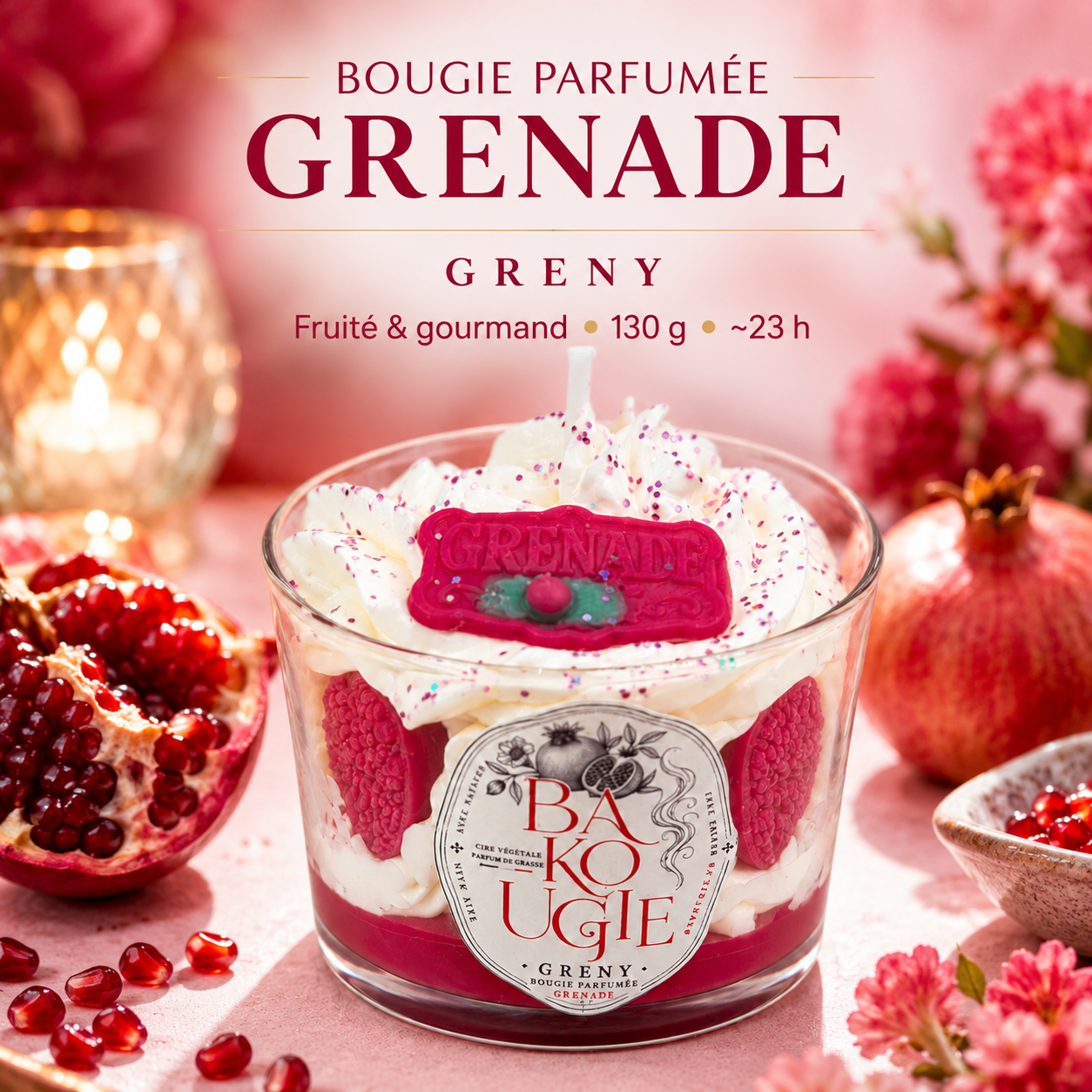Présentation de la bougie parfumée grenade « Greny », fabriquée à la main en France