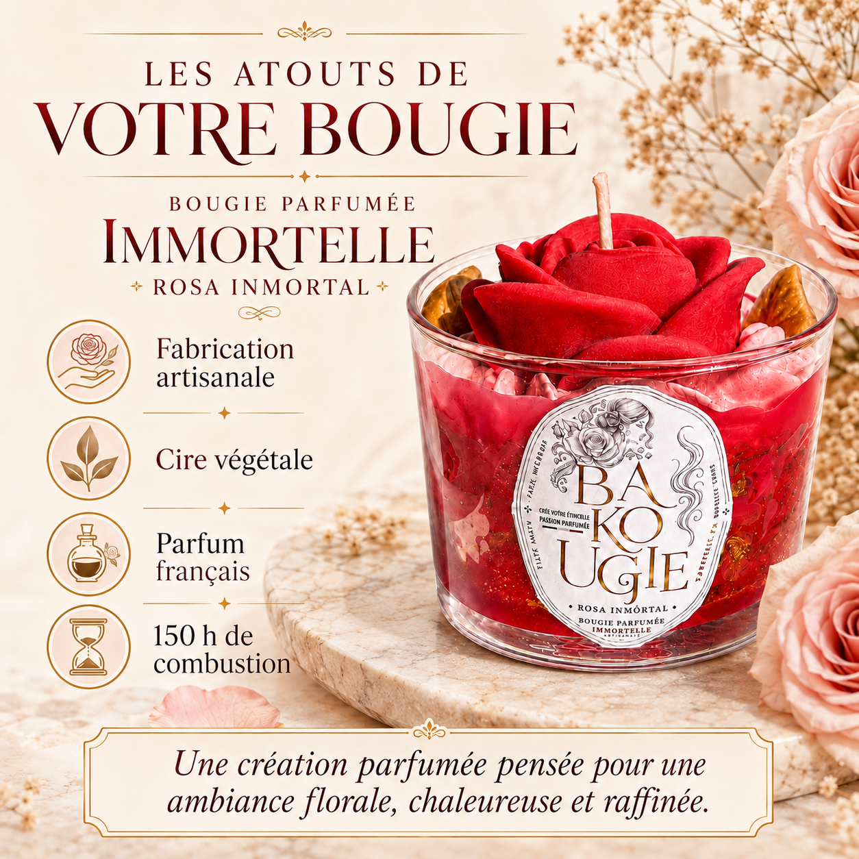 Atouts de la bougie parfumée Immortelle « Rosa inmortal » : cire végétale et fabrication artisanale