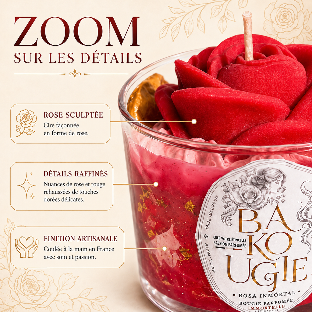 Détails et finition artisanale de la bougie parfumée Immortelle « Rosa inmortal »
