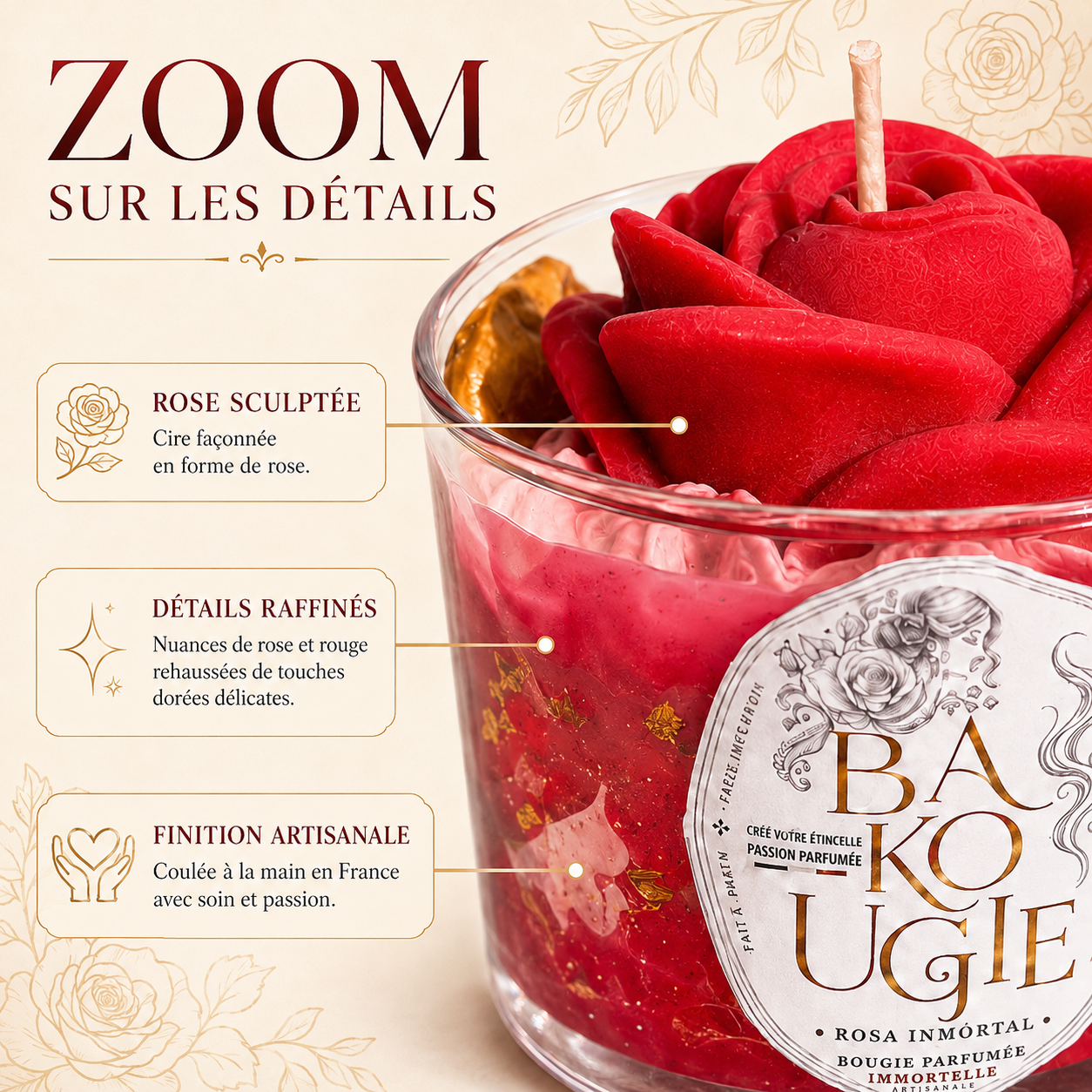 Détails et finition artisanale de la bougie parfumée Immortelle « Rosa inmortal »